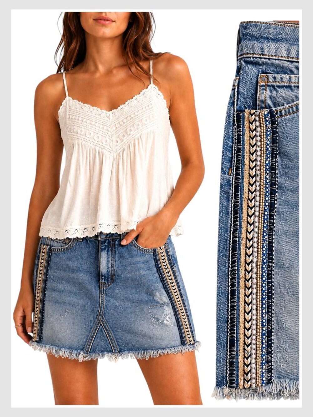 Free People Blue Denim Mini Skirt Braided Trim Distressed S 4